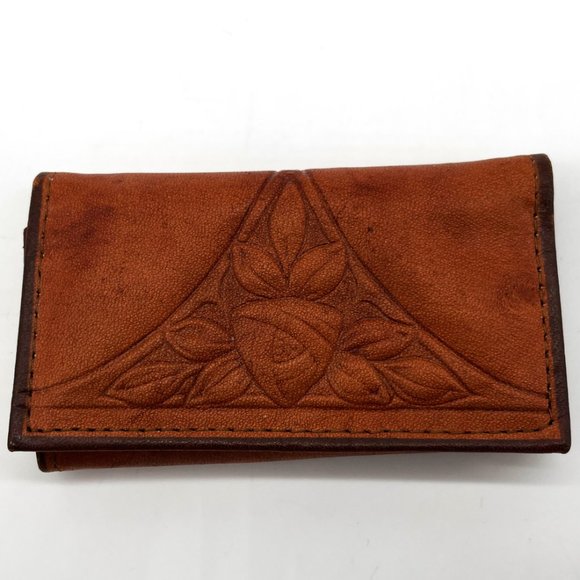 Vintage Rolfs Hand Carved Brown Cowhide Leather Trifold Key Kaddy with Box - Picture 2 of 5